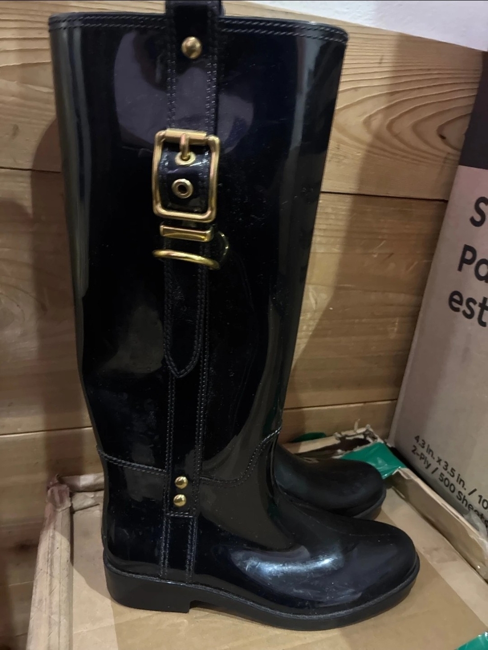 Coach Black Patent Knee-High Rain Boots with Gold Buckle